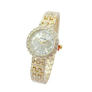 Detail view of fashion women quartz watch with rhinestones, steel strap and Roman numerals.