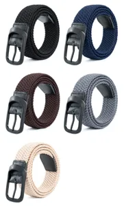 Men's casual braided nylon belt with alloy pin buckle, multi-color elastic woven design.