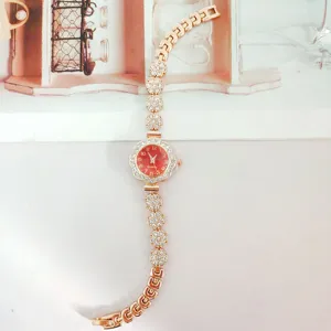 Rose gold rhinestone floral quartz watch for women stylish bracelet watch with red dial sparkling crystals