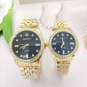 Set orologio quarzo coppia acciaio oro strass lunetta quadrante nero moda lusso