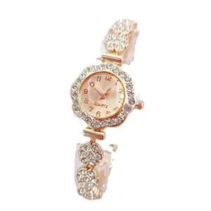Stunning rose gold women rhinestone quartz watch with elegant floral design and clear dial numbers.