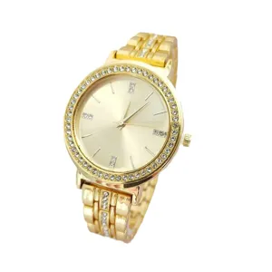 Gold rhinestone quartz wristwatch for women and men, elegant metal strap fashion watch.