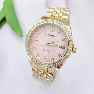 Orologio donna quarzo cinturino acciaio dorato quadrante rosa strass moda elegante