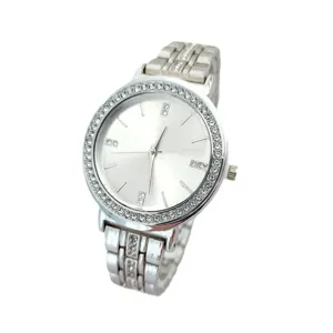 Close-up view of the rhinestone bezel quartz watch featuring a silver metal strap.