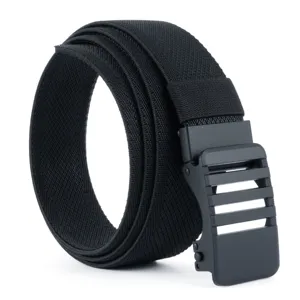 Black tactical stretch woven belt with automatic buckle, casual outdoor breathable waist belt.