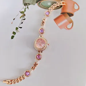 Orologio al quarzo donna oro rosa cuore viola quadrante diamante lusso elegante polso