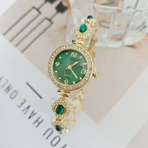 Damen Quarzuhr grüne Jade Zifferblatt Strass gold Armbanduhr elegante Damen Modeschmuck