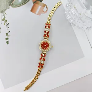 Elegante Damen Strass Quarz Uhr rote Blumenblatt Gold Armbanduhr modisches Accessoire