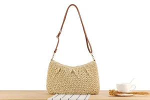 Sac à bandoulière en paille fait main pour femme, sac d'été de plage avec lanière marron.