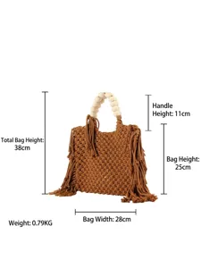 Handgefertigte Baumwollseil geflochtene Handtasche mit Holzperlen, lässiger Strandurlaub Stil.
