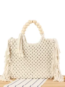 Handgewebte Baumwollseil Handtasche Mit Holzperlengriff Fransen Boho Web-Tote Für Strand Urlaub Täglich Damen Mode Tasche