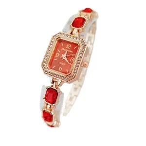 Orologio da donna al quarzo con quadrante quadrato in strass e bracciale pietre rosse.