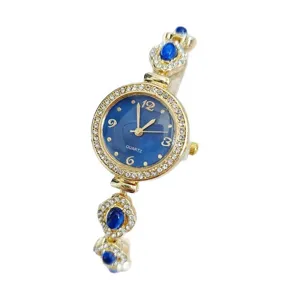 Elegante Damen Quarzuhr Armbanduhr mit blauem Zifferblatt und funkelnden Strasssteinen Stein.