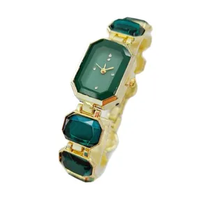 Damen Luxus grüne Kristall Quarz Uhr Mode Gold Metall Armband Armbanduhr Detailansicht