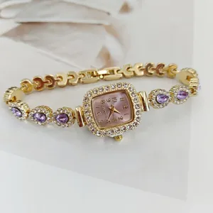 Damen Gold Quarz Uhr quadratisch Strass Zifferblatt lila Kristall Armbanduhr Schmuck