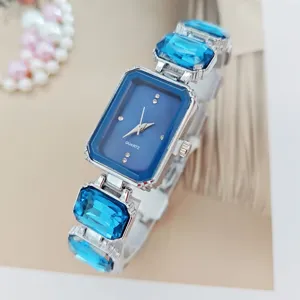 Women crystal quartz watch elegant rectangular blue dial luxury fashion gemstone bracelet