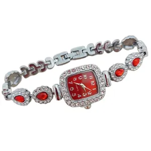Damen Quadratische Quarzuhr mit rotem Zifferblatt Strass und Edelstein Armband für Damen.