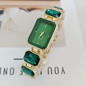Women green crystal quartz watch elegant rectangular dress wristwatch fashion accessory