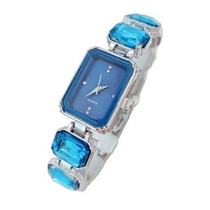 Women's blue crystal quartz watch, trendy rectangular luxury fashion wristwatch main.