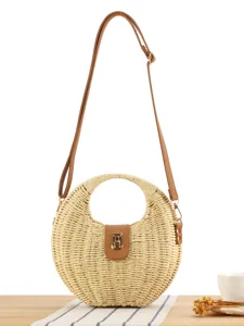 Handmade Woven Paper Straw Shoulder Bag Women Casual Beach Vacation Crossbody Bag Fashion Lock Small Square Messenger Bag Polyester Lining