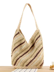 Handwoven Diagonal Stripe Shoulder Bag Bohemian Paper Cotton Rope Mixed Crochet Beach Vacation Large Capacity Tote Bag