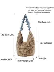 Sac à bandoulière tressé avec lanière volantée bleue, sac de plage d'été, 53x23x33cm.