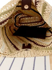 Handmade woven straw shoulder bag with diagonal colorful stripes for beach vacation fashion women