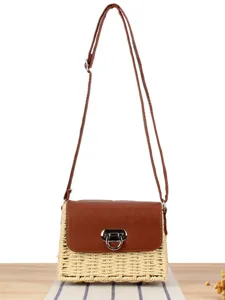 Women Paper Rope Woven Crossbody Bag Casual Beach Straw Bag With Bull Nose Lock PU Leather Flap Shoulder Bag Vacation