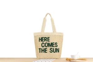Beige woven tote bag detailed view, green letter embroidery, casual daily casual style bag.