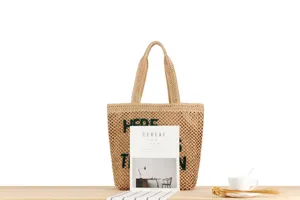 Casual straw woven tote bag for women with green embroidered letters, large capacity daily purse.