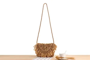 Detailed close-up view of the stylish woven straw shoulder bag featuring intricate fringe and flap.
