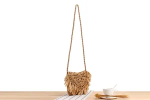 Woven straw fringe crossbody bag detail, bohemian beach purse, casual summer handbag