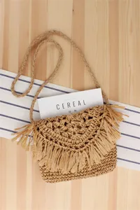 Womens straw woven shoulder bag with tassel flap casual beach vacation stylish crossbody bag