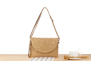 Women woven straw crossbody bag casual summer beach shoulder handbag with leather strap