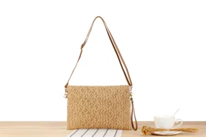 Close-up of stylish woven straw crossbody bag detail, casual daily fashion accessory.