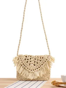 Women Fashion Fringe Flap Woven Bag Paper String Straw Crossbody Bag For Beach Vacation Casual Daily Shoulder Bag