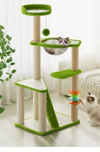 Multi-layer green cat tree with sisal scratching posts, transparent hammock and cozy platform.