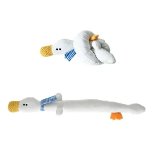 Long white duck dog plush toy featuring cute blue striped scarf and interactive design for pets.