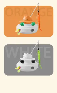 Interactive cat toy turntable with feather teaser wand and balls, orange and white variant set.