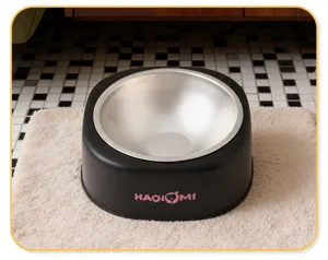 Pet water bowl with stainless steel inner and black anti-splash base for dogs and cats.