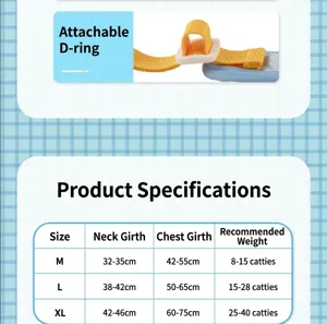 Pet dog vest harness size chart detailing neck and chest measurements for small pets.