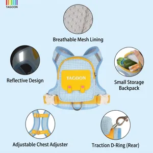 Blue plaid dog harness vest with small backpack, breathable mesh and reflective design.