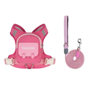 Pink mesh dog harness and leash set with small backpack, breathable vest for small dogs.