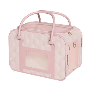 Large Capacity Pet Carrier Bag Pink PU Leather Clover Embossed Breathable Travel Cat Dog Backpack Pet Supplies