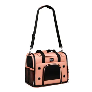 Zaino trasportino pieghevole rosa per animali domestici con rete traspirante e spallacci comodi.