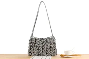 Handmade woven rope knot shoulder bag, chic grey casual daily handbag for women detail view.