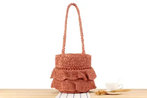 Handmade ruffled straw shoulder bag casual chic beach handbag for daily commute women