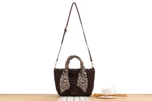 Handwoven Straw Bucket Bag Stylish Women's Crossbody Bag with Zebra Scarf Detail