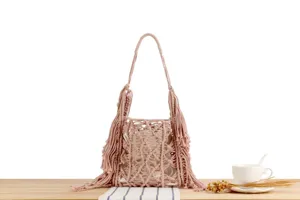 Handmade macrame shoulder bag pink fringe casual everyday beach vacation stylish handbag for women
