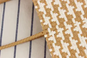 Close up detail of woven plastic tote bag handle and pattern texture, stylish summer beach style.
